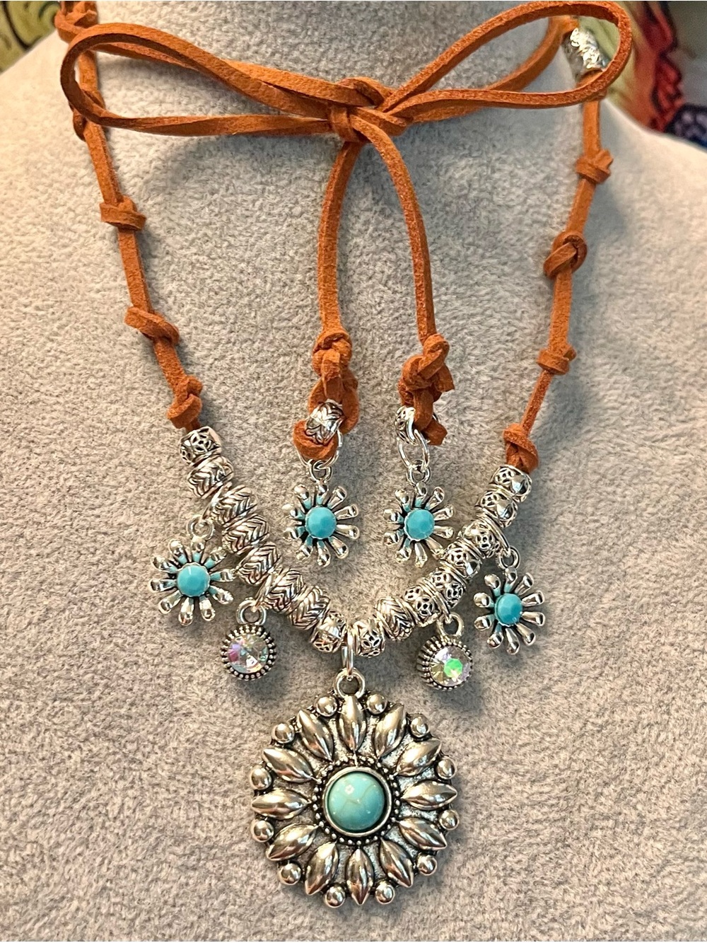 Bohemian Suede Corded “Desert Moon” Sunflower Handmade Necklace - Picture 2 of 8